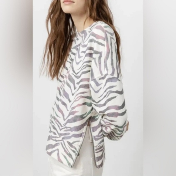 Rails Marlo Sweatshirt Tiger Print Side Zippers Cotton Poly Ivory Gradiant L NWT - Picture 12 of 16